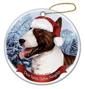Holiday Pet Gifts Bull Terrier Brindle Dog Santa Hat Porcelain Ornament Holiday Pet Gifts Bull Terrier Brindle Dog Santa Hat Porcelain Ornament