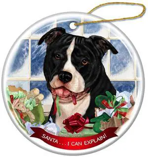 Black and White Pit Bull Uncropped Porcelain Ornament 'Santa.. I Can Explain!' Black and White Pit Bull Uncropped Porcelain Ornament 'Santa.. I Can Explain!'
