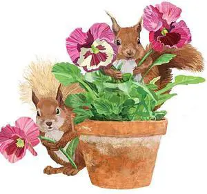 Paperproducts Design Flower Pot Squirrels Beverage Napkin, Patti Gay, 5" Paperproducts Design Flower Pot Squirrels Beverage Napkin, Patti Gay, 5"