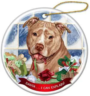 Cream and White Pit Bull Uncropped Dog Porcelain Ornament 'Santa. I Can Explain! Cream and White Pit Bull Uncropped Dog Porcelain Ornament 'Santa. I Can Explain!