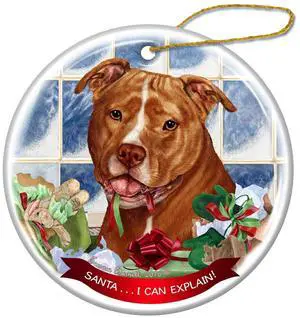 Orange and White Pit Bull Uncropped Porcelain Ornament 'Santa.. I Can Explain! Orange and White Pit Bull Uncropped Porcelain Ornament 'Santa.. I Can Explain!