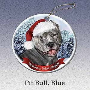 Holiday Pet Gifts Blue Pit Bull (Cropped) Santa Hat Dog Porcelain Ornament Holiday Pet Gifts Blue Pit Bull (Cropped) Santa Hat Dog Porcelain Ornament