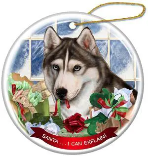 Grey and White Siberian Husky Dog Porcelain Ornament 'Santa.. I Can Explain!' Grey and White Siberian Husky Dog Porcelain Ornament 'Santa.. I Can Explain!'