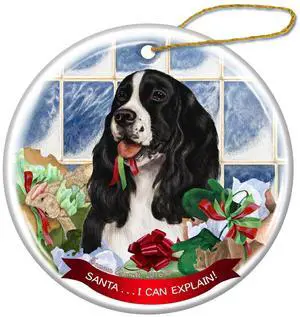 Black and White Springer Spaniel Dog Porcelain Ornament 'Santa.. I Can Explain! Black and White Springer Spaniel Dog Porcelain Ornament 'Santa.. I Can Explain!