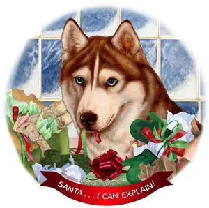 Siberian Husky, Red & White Dog Porcelain Ornament 'Santa.. I Can Explain!' Siberian Husky, Red & White Dog Porcelain Ornament 'Santa.. I Can Explain!'