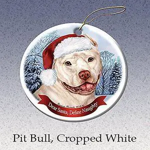 Holiday Pet Gifts White Pit Bull (Cropped) Santa Hat Dog Porcelain Ornament Holiday Pet Gifts White Pit Bull (Cropped) Santa Hat Dog Porcelain Ornament