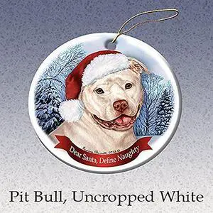 Holiday Pet Gifts White Pit Bull (Uncropped) Santa Hat Dog Porcelain Ornament Holiday Pet Gifts White Pit Bull (Uncropped) Santa Hat Dog Porcelain Ornament