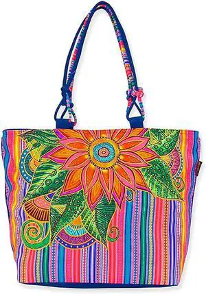 Laurel Burch Fleur Del Sol Flower & Stripes Large Shoulder Tote Bag, 20"x6"x15" Laurel Burch Fleur Del Sol Flower & Stripes Large Shoulder Tote Bag, 20"x6"x15"