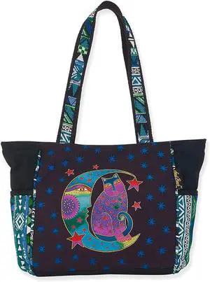 Laurel Burch Moonside Cat Feline Medium Shoulder Tote, 16" x 4" x 10" Laurel Burch Moonside Cat Feline Medium Shoulder Tote, 16" x 4" x 10"