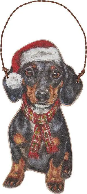 Primitives By Kathy Dachshund with Santa Hat and Scarf Wooden Christmas Ornament Primitives By Kathy Dachshund with Santa Hat and Scarf Wooden Christmas Ornament