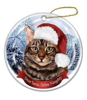Holiday Maine Coon Cat, Brown Tabby Santa Hat Cat Porcelain Christmas Ornament Holiday Maine Coon Cat, Brown Tabby Santa Hat Cat Porcelain Christmas Ornament