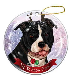 Holiday Pet Gifts Black and White Pit Bull Uncropped Dog Porcelain Christmas Ornament Holiday Pet Gifts Black and White Pit Bull Uncropped Dog Porcelain Christmas Ornament