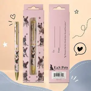 E&S Pets Refillable Ball Point Pen in Gift Box, French Bulldog Pink Pen E&S Pets Refillable Ball Point Pen in Gift Box, French Bulldog Pink Pen