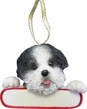 Shih Tzu Ornament Black and White "Santa's Pals" With Name Plate Shih Tzu Ornament Black and White "Santa's Pals" With Name Plate