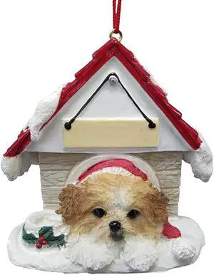 Shih Tzu Puppycut, Tan & White Doghouse Ornament Hand Painted Shih Tzu Puppycut, Tan & White Doghouse Ornament Hand Painted