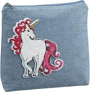 Ganz -  Summer Fun Light Denim Cosmetic Bag, Sequin Unicorn, 8 1/2" W x 6 3/4"