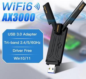 Fenvi WiFi 6E 3000Mbps USB 3.0 Adapter FU-AX3000 WiFi6 USB Adapter for Desktop PC Tri-Band Wireless Gigabit Speed (Up to 3Gbps) New 6GHz Band High Gain Antenna, WPA3, Supports Windows 11/10