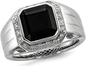 Men's Black Onyx Ring with Accent Diamonds in Rhodium Plated Sterling Silver Men's Black Onyx Ring with Accent Diamonds in Rhodium Plated Sterling Silver