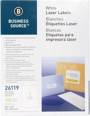Business Source Mailing Labels Full Sheet Laser 8-1/2"x11" 100/PK White 26119