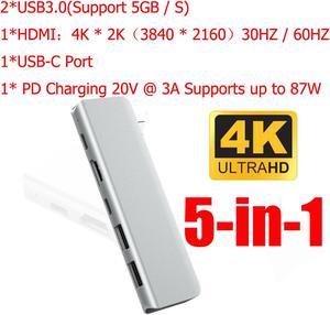 Type C Hub, USB C Hub, ESTONE 5 in 1 Adapter with 2*Port USB 3.0(Support 5GB / S)  + 1*USB-C + 1*4K HDMI + 1* PD Charging Port Supports up to 87W Compatible for Mac Pro and Other Type C Device