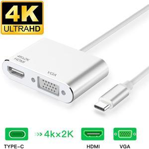 USB C to HDMI + VGA, ESTONE Type C to Dual VGA HDMI Splitter (Thunderbolt 3 Compatible) Adapter, Compatible with XPS 13, MacBook Pro 2019, iPad Pro 2019, Yoga 910,Surface Go, Chromebook Pixel-Silver