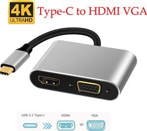 USB-C to HDMI VGA Adapter [Support Simultaneously], USB-C Type-C to HDMI VGA Hub Adaptor Converter with 4K UHD HDMI 1080P VGA, Thunderbolt 3 Compatible with MacBook Pro/Air/ipad Pro 2018/Dell XPS
