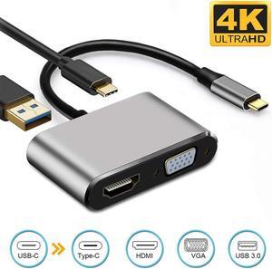 USB C to HDMI VGA Adapter 4-in-1 USB C Hub with 4K HDMI, 1080P VGA, USB 3.0, USB-C PD Charging Compatible for Nintendo Switch/MacBook Pro/iPad Pro/ Samsung Galaxy/Dell XPS -Gray