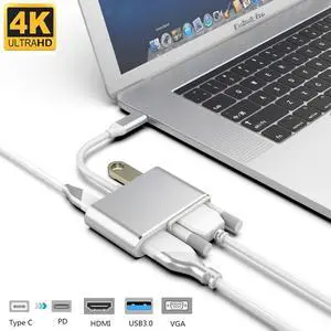 Type C Hub USB C Docking Station Type C to HDMI USB3.0 VGA PD Adapter for MacBook Samsung Huawei Type C Converter 4 in 1 USB C Converter Adapter-Silver