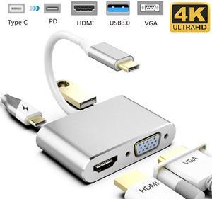 USB C to HDMI/VGA Adapter, 4 in 1 USB-CType-C Hub VGA/HDMI/USB3.0/PD Video Adapter 4K UHD, Support HDMI&VGA Simultaneously, Compatible with MacBook/Pro/Air,iPad Pro, and More Type C Laptops -Silver