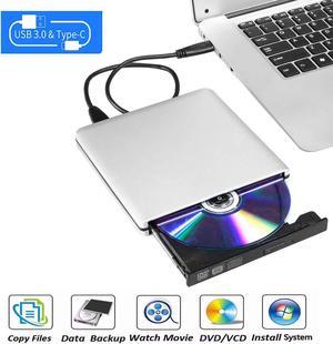 Aluminum External DVD Drive for Laptop, Portable High-Speed USB-C&USB 3.0 CD Burner/DVD Reader Writer for PC Desktops, Compatible with Windows/Mac OSX/Linux, Silver