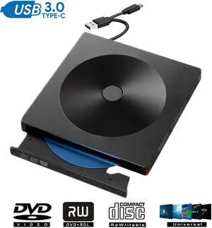 External CD/DVD Drive, USB 3.0 & Type C Portable DVD CD+/-RW Drive Slim DVD/CD ROM Rewriter Burner Writer, High Speed Data Transfer Pro Laptop/Desktop Windows/Vista/7/8/10, Mac OSX and Linux (Black)