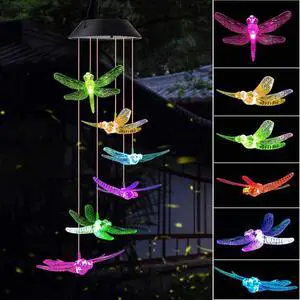 LED Solar Hummingbird Wind Chime, Changing Color Waterproof Wind Chimes for Home Party Night Garden Decoration (Six Dragonflies)