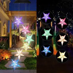 Stars Wind Chime Solar Light Color Changing LED Solar Mobile Wind Chime Solar Light Wind Mobile Portable Waterproof Outdoor Decorative Romantic Wind Bell Light for Patio Garden Home Party-Six Stars