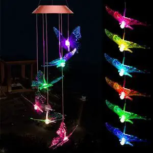 Six Butterflies Wind Chime Solar Light Color Changing LED Solar Mobile Wind Chime Solar Light Wind Mobile Portable Waterproof Outdoor Decorative Romantic Wind Bell Light for Patio Garden Home Party