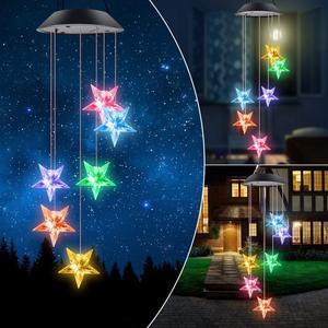 LED Solar Hummingbird Wind Chime,Six Stars Changing Color Waterproof Wind Chimes for Home Party Night Garden Decoration (Six Stars)