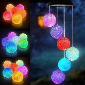 Balls Wind Chime Solar Light Color Changing LED Solar Mobile Wind Chime Solar Light Wind Mobile Portable Waterproof Outdoor Decorative Romantic Wind Bell Light for Patio Garden Home Party-Six Balls