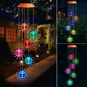 Suns Wind Chime Solar Light Color Changing LED Solar Mobile Wind Chime Solar Light Wind Mobile Portable Waterproof Outdoor Decorative Romantic Wind Bell Light for Patio Garden Home Party-Six Suns