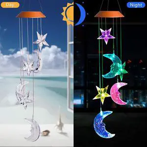 LED Solar Hummingbird Wind Chime,Six Star Moons Changing Color Waterproof Wind Chimes for Home Party Night Garden Decoration (Six Star Moons)