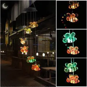 Bees Wind Chime Solar Light Color Changing LED Solar Mobile Wind Chime Solar Light Wind Mobile Portable Waterproof Outdoor Decorative Romantic Wind Bell Light for Patio Garden Home Party-Six Bees