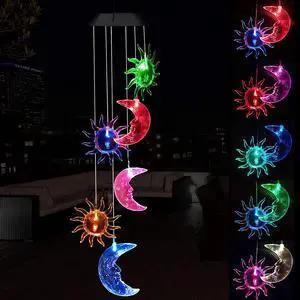 LED Solar Hummingbird Wind Chime,Six Sun Moons Changing Color Waterproof Wind Chimes for Home Party Night Garden Decoration (Six Sun Moons)