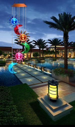 Color Changing Six Sun Moons Wind Chime Outdoor, Solar Powered Crystal Ball Wind Chimes LED Wind Mobile Solar Lights Wind Bell for Garden Patio Home Decoration (Sun Moons)