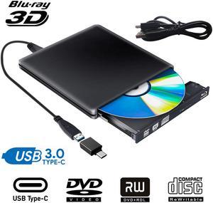 Aluminum External Blu Ray CD DVD Drive 3D, USB 3.0 and Type USB C Bluray DVD CD RW Row Burner Player Compatible for MacBook OS Windows 7 8 10 PC iMac,Black