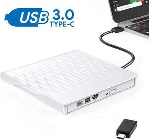 ESTONE External DVD Drive, USB 3.0 Portable CD/DVD+/-RW Drive/DVD Player for Laptop CD ROM Burner Compatible with Laptop Desktop PC Windows Linux OS Apple Mac White