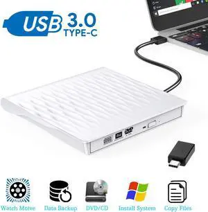 ESTONE External DVD Drive USB 3.0 USB C CD Burner CD/DVD +/-RW Optical Drive,Slim Portable DVD CD ROM Rewriter Writer Duplicator for Laptop Desktop PC Windows 10/8/7 MacBook Mac Linux OS Apple White