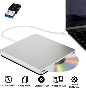 ESTONE USB 3.0 USB C External DVD Drive  CD Burner CD/DVD +/-RW Optical Drive,Slim Portable DVD CD ROM Rewriter Writer Duplicator for MacBook Laptop Desktop PC Windows 10/8/7  Silver