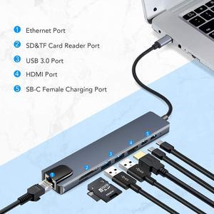 USB C Hub, 8-in-1 Type C Multiport Hub Adapter with RJ45 Ethernet, 4K HDMI, USB-C PD Charging Port,Type-C Data Port, 2 USB 3.0, SD/TF Cards Reader USB C Dock for MacBook/Pro/Air and More