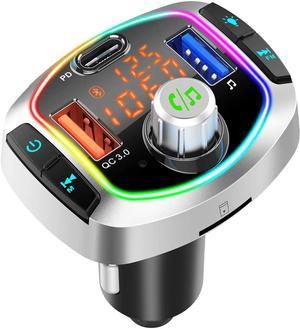 Bluetooth FM Transmitter with LED Backlit, Upgraded Car Transmitter, Wireless Audio FM Transmitter, Support Siri Google Assistant, QC3.0 Charging, Hands-Free Calls with 2 USB Ports QC3.0+USB-C Charger