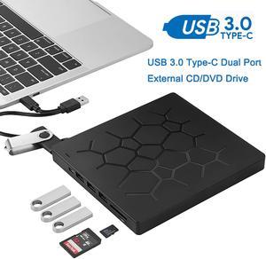 7 -IN-1 External DVD Drive, USB 3.0 Type C Portable CD/DVD +/-RW Drive Ultra-Thin DVD/CD ROM Rewriter Burner with 4 USB Ports and 2 SD Card Slots Compatible with Laptop Desktop PC Windows Apple Mac