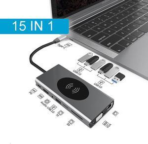 Docking Station Multiport Adapter - 15 in 1 Portable Space Aluminum Dongle with Ethernet, 4K HDMI, 1080P VGA, 3 USB 3.0,4 USB 2.0,2 SD/TF Card Reader,87W Pd Charging,3.5 Jack hole,Wireless Charging