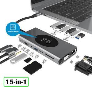 15 in 1 USB C Adapter for MacBook Pro/MacBook Air 2020 2019 2018 , USB-C Hub with USB3.0/2.0,SD/TF Card Reader and 87W Thunderbolt PD Port, 4K HDMI Output, VGA,3.5mm Jack hole, Wireless Charging